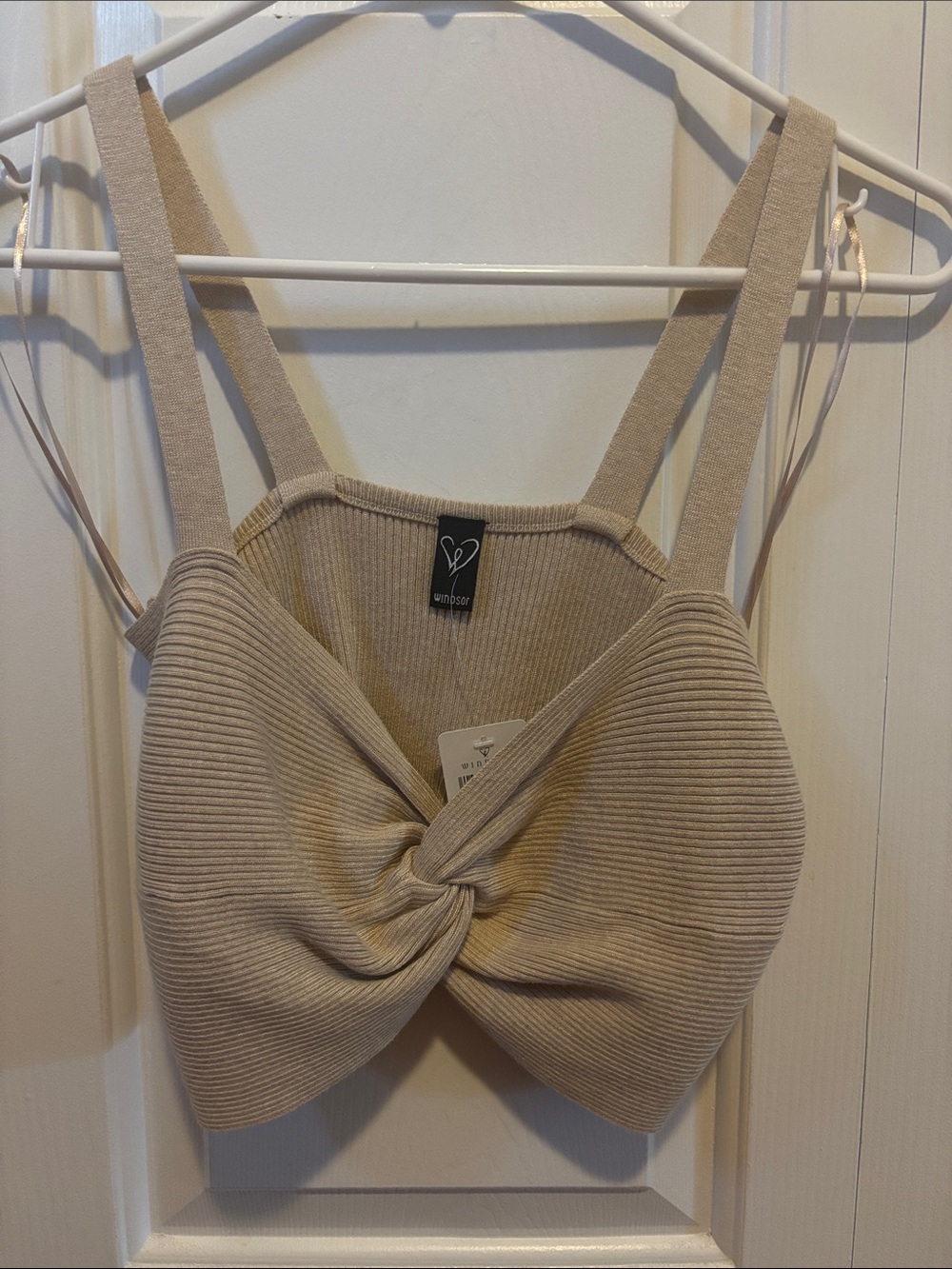 Windsor Beige Twist-Front Ribbed Crop Top